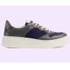 Replica Gucci Unisex GG Lace Up Sneaker Grey Leather Blue Black GG Canvas