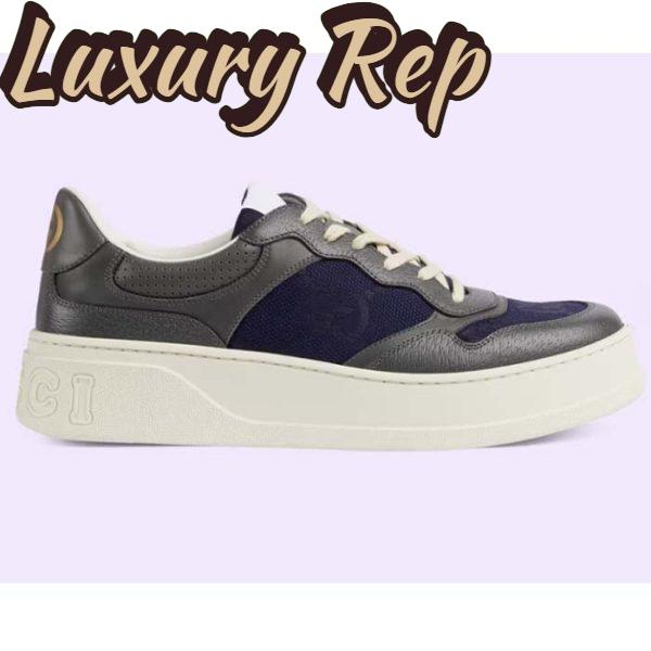 Replica Gucci Unisex GG Lace Up Sneaker Grey Leather Blue Black GG Canvas