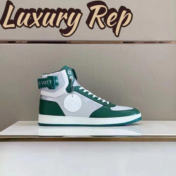 Replica Louis Vuitton LV Unisex Rivoli Sneaker Boot Green Calf Leather Monogram Metallic Canvas 3