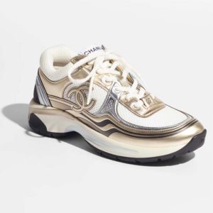 Replica Chanel Women CC Sneakers Fabric Laminated White Gold Silver 1 Cm Heel 2