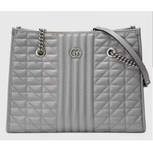 Replica Gucci Unisex GG Marmont Medium Tote Bag Grey Matelassé Leather Double G