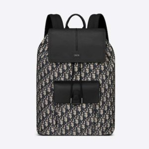 Replica Dior Unisex CD Motion Backpack Beige Black Oblique Jacquard Black Grained Calfskin