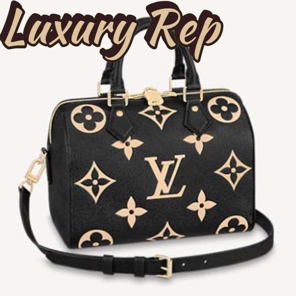 Replica Louis Vuitton Women Speedy Bandoulière 25 Handbag Black Beige Embossed Grained Cowhide Leather