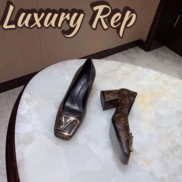 Replica Louis Vuitton LV Women Madeleine Pump in Patent Monogram Canvas and Leather 7.5 cm Heel-Brown 5