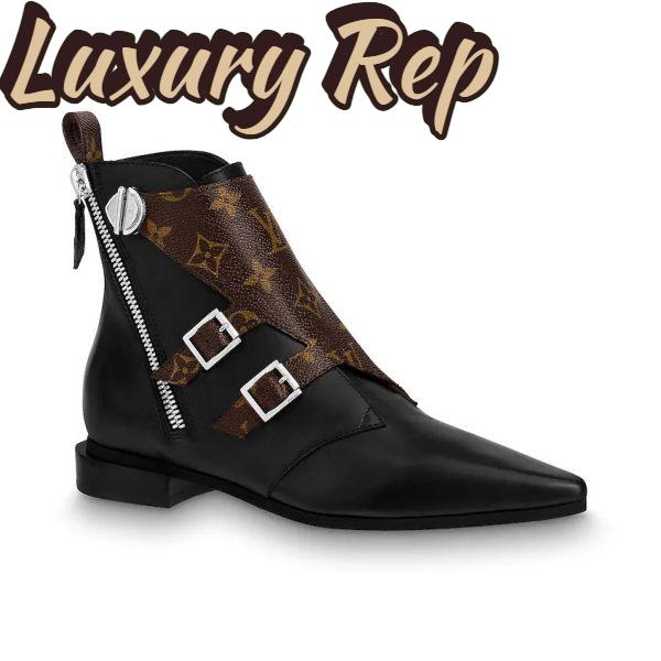 Replica Louis Vuitton LV Women Jumble Flat Ankle Boot in Calf Leather and Patent Monogram Canvas-Black