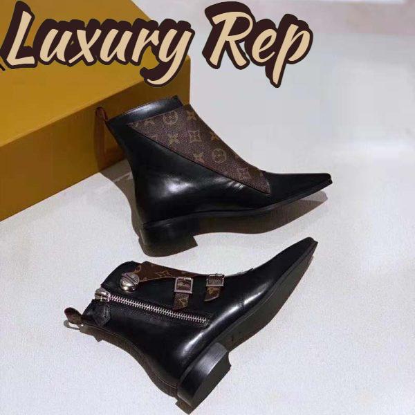 Replica Louis Vuitton LV Women Jumble Flat Ankle Boot in Calf Leather and Patent Monogram Canvas-Black 3