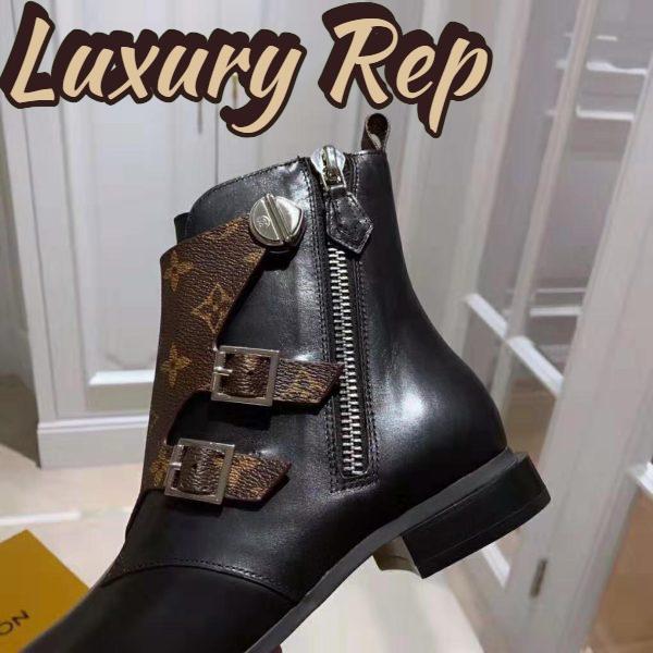 Replica Louis Vuitton LV Women Jumble Flat Ankle Boot in Calf Leather and Patent Monogram Canvas-Black 11