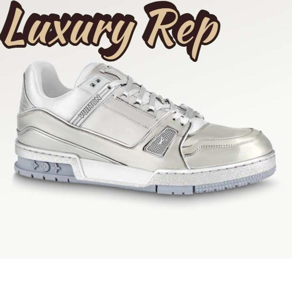 Replica Louis Vuitton Unisex LV Trainer Sneaker Silver Metallic Canvas Rubber Outsole Monogram Flowers 2