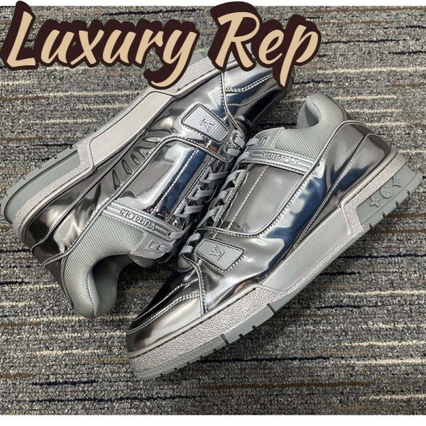 Replica Louis Vuitton Unisex LV Trainer Sneaker Silver Metallic Canvas Rubber Outsole Monogram Flowers 6