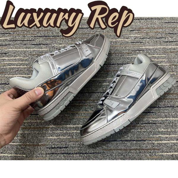 Replica Louis Vuitton Unisex LV Trainer Sneaker Silver Metallic Canvas Rubber Outsole Monogram Flowers 9