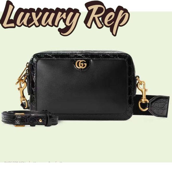 Replica Gucci Unisex Crocodile Trim Shoulder Bag Double G Black Leather Zip Closure