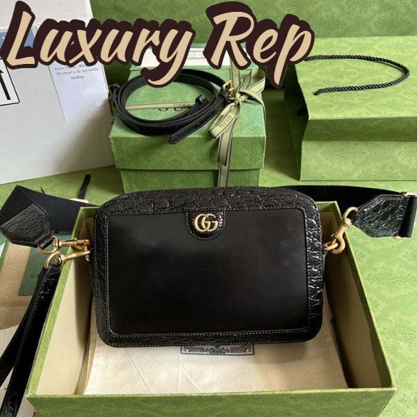 Replica Gucci Unisex Crocodile Trim Shoulder Bag Double G Black Leather Zip Closure 3
