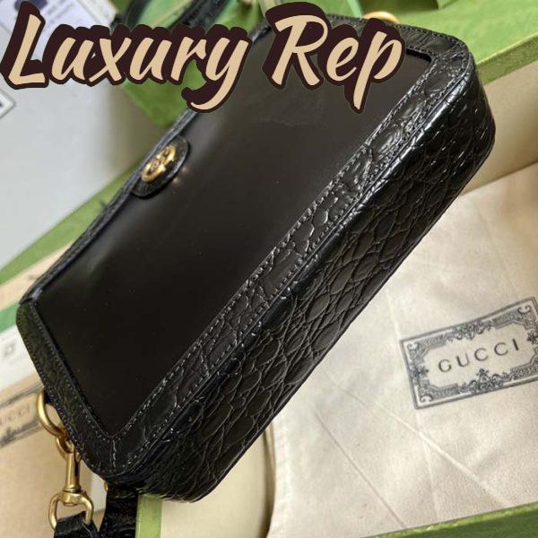 Replica Gucci Unisex Crocodile Trim Shoulder Bag Double G Black Leather Zip Closure 5