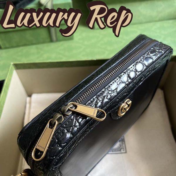 Replica Gucci Unisex Crocodile Trim Shoulder Bag Double G Black Leather Zip Closure 6