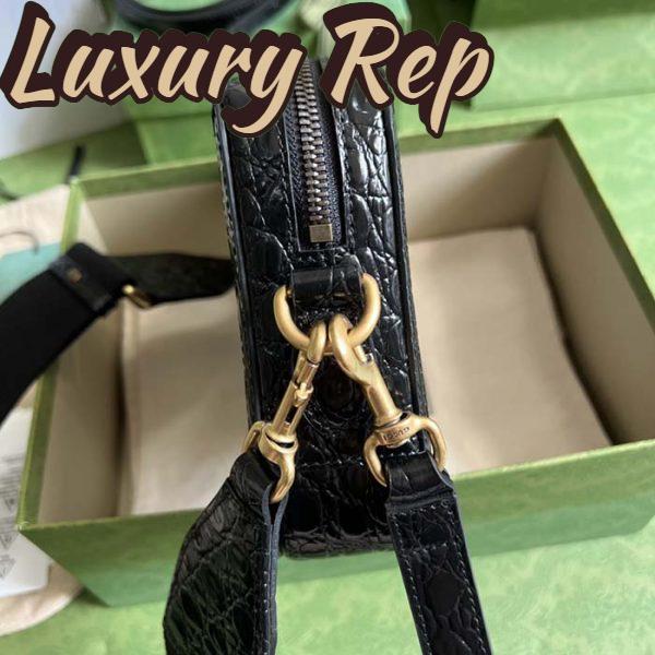 Replica Gucci Unisex Crocodile Trim Shoulder Bag Double G Black Leather Zip Closure 7