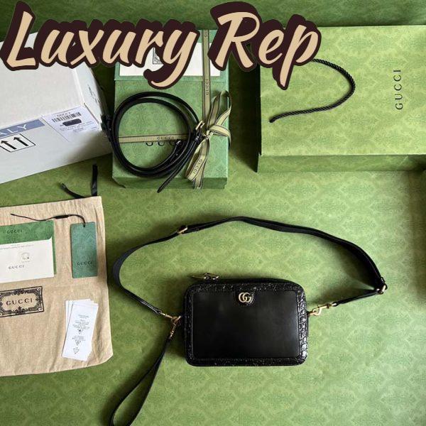 Replica Gucci Unisex Crocodile Trim Shoulder Bag Double G Black Leather Zip Closure 9