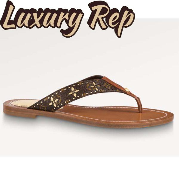 Replica Louis Vuitton LV Sunny Flat Thong Gold Perforated Monogram Canvas Leather Outsole