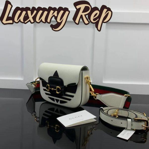 Replica Gucci Unisex GG Adidas x Gucci Horsebit 1955 Mini Bag White Black Leather Trefoil 5