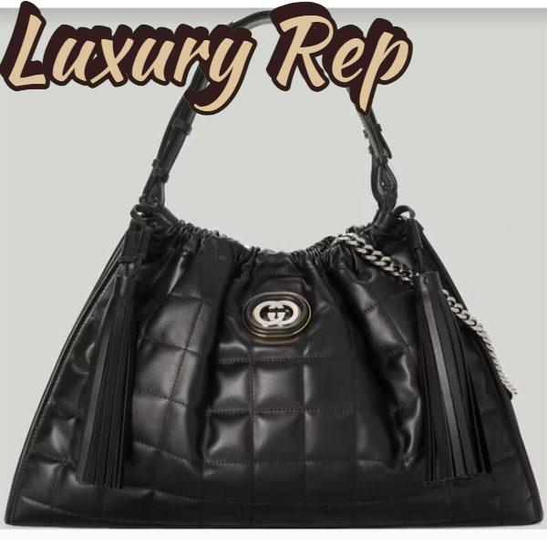 Replica Gucci Unisex GG Deco Medium Tote Bag Black Quilted Leather Interlocking G
