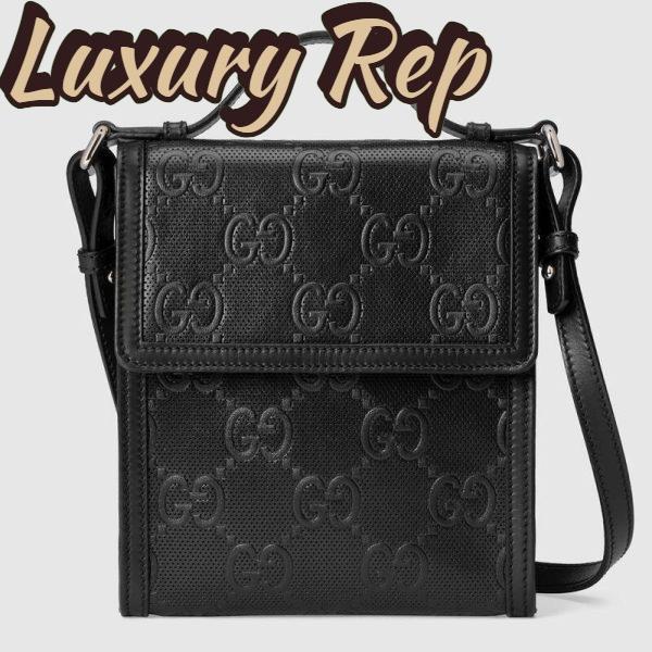 Replica Gucci Unisex GG Embossed Messenger Bag Black GG Embossed Leather