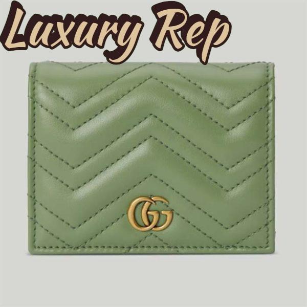 Replica Gucci Unisex GG Marmont Matelassé Card Case Wallet Sage Green Chevron Leather