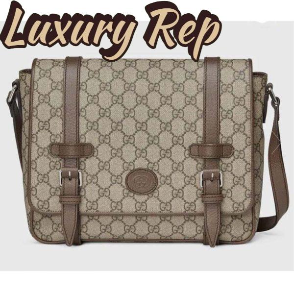Replica Gucci Unisex GG Messenger Bag Beige Ebony GG Supreme Canvas Brown Leather