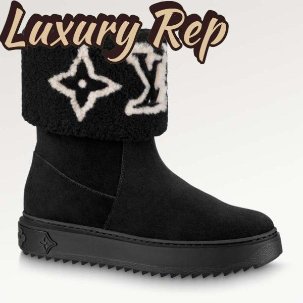 Replica Louis Vuitton LV Women Snowdrop Flat Ankle Boot Black Suede Calf Leather Shearling Wool