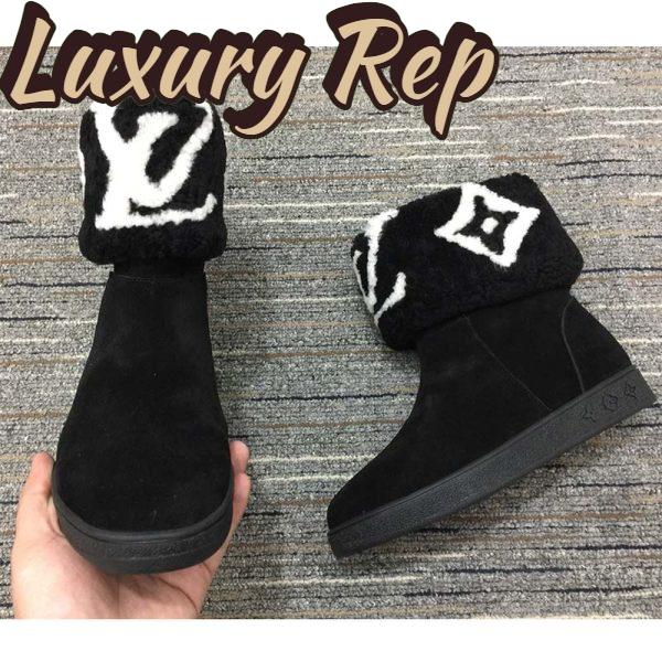 Replica Louis Vuitton LV Women Snowdrop Flat Ankle Boot Black Suede Calf Leather Shearling Wool 7