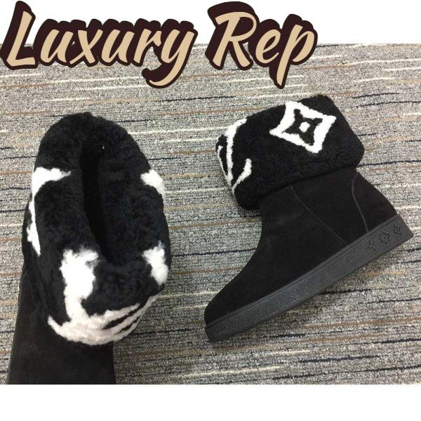 Replica Louis Vuitton LV Women Snowdrop Flat Ankle Boot Black Suede Calf Leather Shearling Wool 10