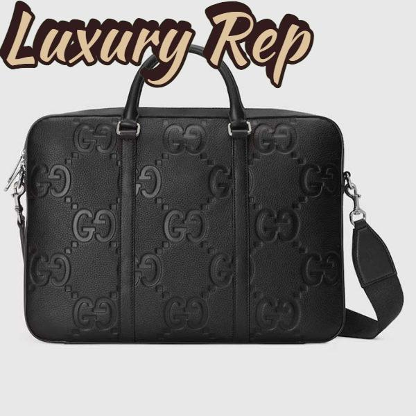 Replica Gucci Unisex Jumbo GG Briefcase Black Leather Cotton Linen Lining Medium Size