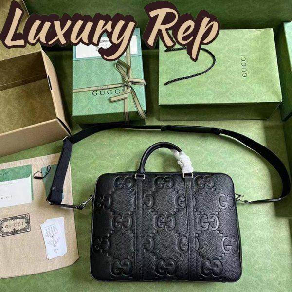 Replica Gucci Unisex Jumbo GG Briefcase Black Leather Cotton Linen Lining Medium Size 6