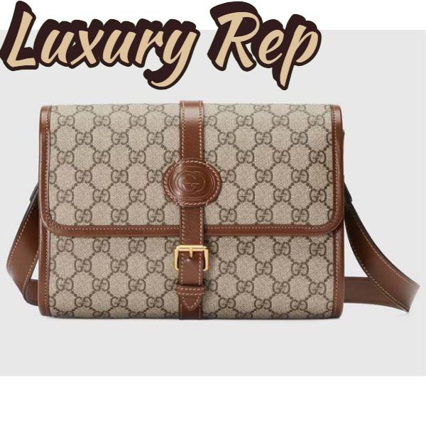 Replica Gucci Unisex Messenger Bag Interlocking G Beige Ebony GG Supreme Canvas Leather