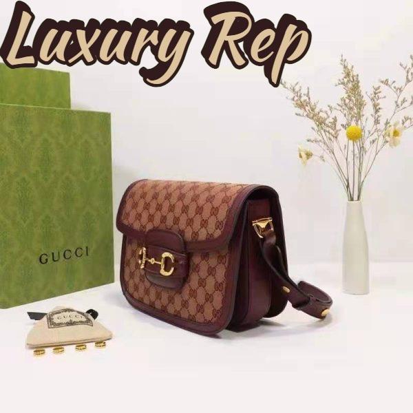Replica Gucci Unisex Gucci Horsebit 1955 Small Bag Beige and Burgundy Original GG Canvas 6