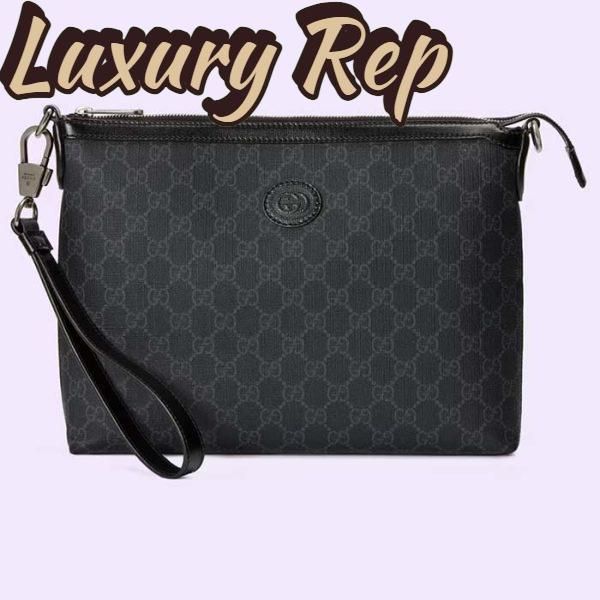 Replica Gucci Unisex Messenger Bag Interlocking G Black GG Supreme Canvas Black Leather