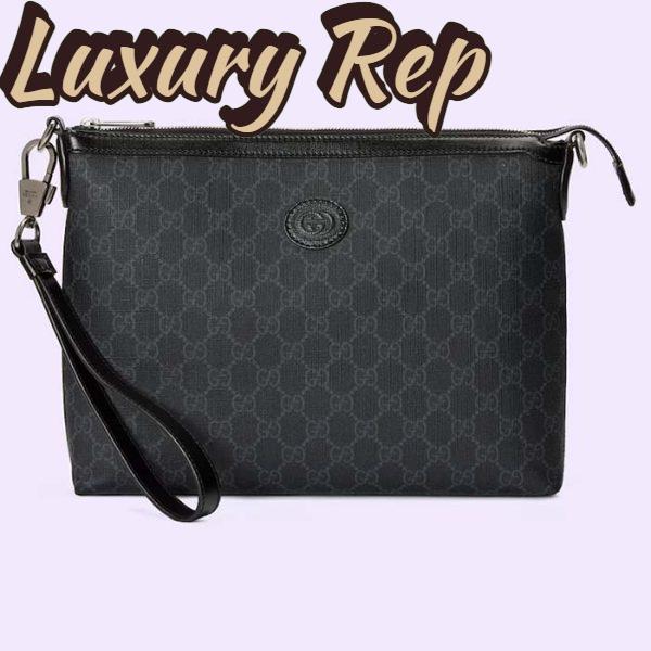 Replica Gucci Unisex Messenger Bag Interlocking G Black GG Supreme Canvas Leather Zip Closure