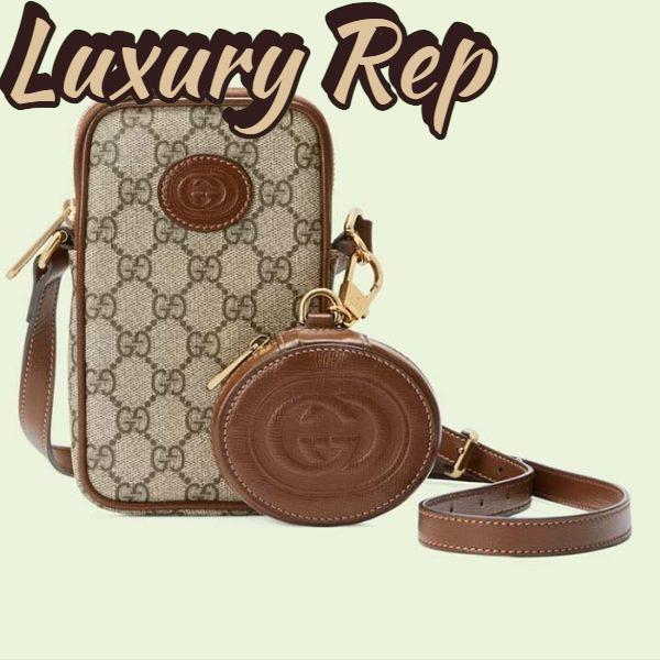 Replica Gucci Unisex Mini Bag Interlocking G Beige Ebony GG Supreme Canvas Brown Leather