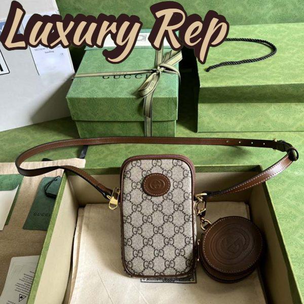 Replica Gucci Unisex Mini Bag Interlocking G Beige Ebony GG Supreme Canvas Brown Leather 3