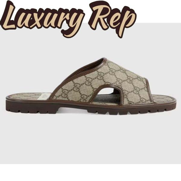 Replica Gucci Unisex GG Supreme Slide Sandal Beige Ebony Canvas Rubber Flat 1 Cm Heel 2
