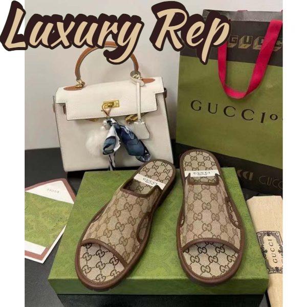 Replica Gucci Unisex GG Supreme Slide Sandal Beige Ebony Canvas Rubber Flat 1 Cm Heel 4