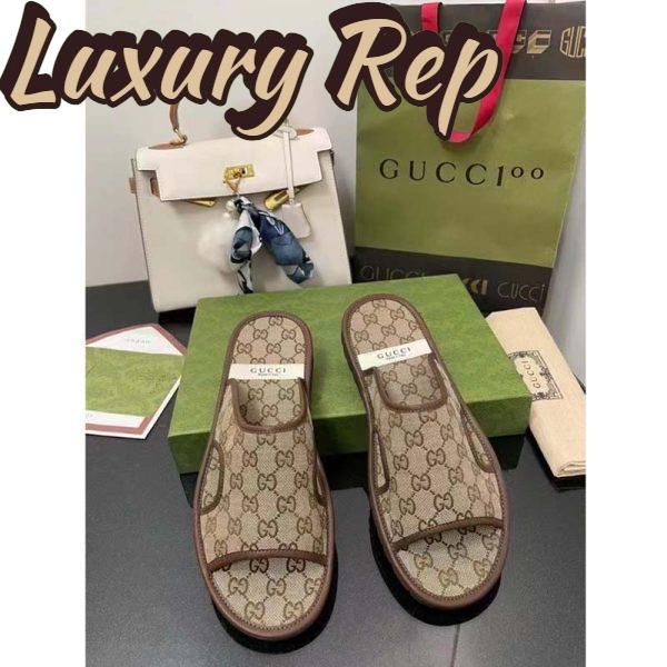 Replica Gucci Unisex GG Supreme Slide Sandal Beige Ebony Canvas Rubber Flat 1 Cm Heel 5