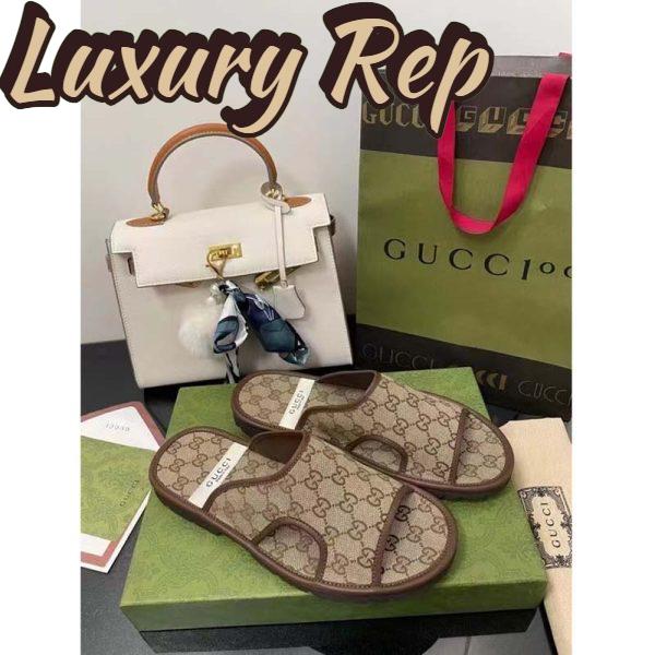 Replica Gucci Unisex GG Supreme Slide Sandal Beige Ebony Canvas Rubber Flat 1 Cm Heel 6