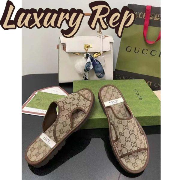 Replica Gucci Unisex GG Supreme Slide Sandal Beige Ebony Canvas Rubber Flat 1 Cm Heel 7