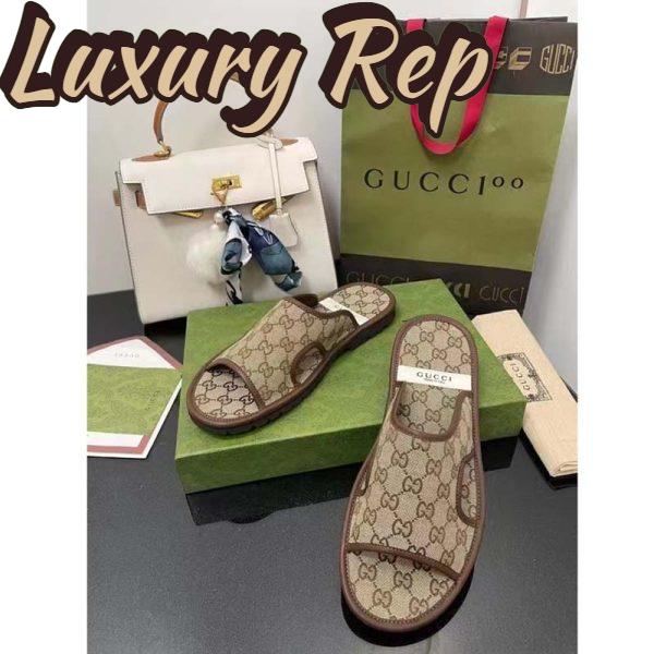 Replica Gucci Unisex GG Supreme Slide Sandal Beige Ebony Canvas Rubber Flat 1 Cm Heel 8
