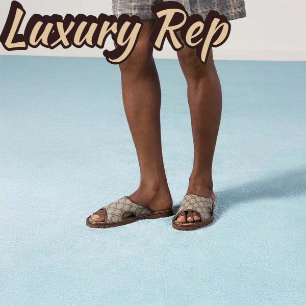 Replica Gucci Unisex GG Supreme Slide Sandal Beige Ebony Canvas Rubber Flat 1 Cm Heel 12