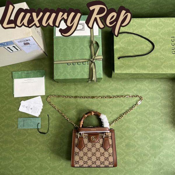 Replica Gucci Women Diana Mini Tote Bag Camel Ebony GG Canvas Crystals Double G 9