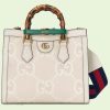 Replica Gucci Women Diana Mini Tote Bag Camel Ebony GG Canvas Crystals Double G 12