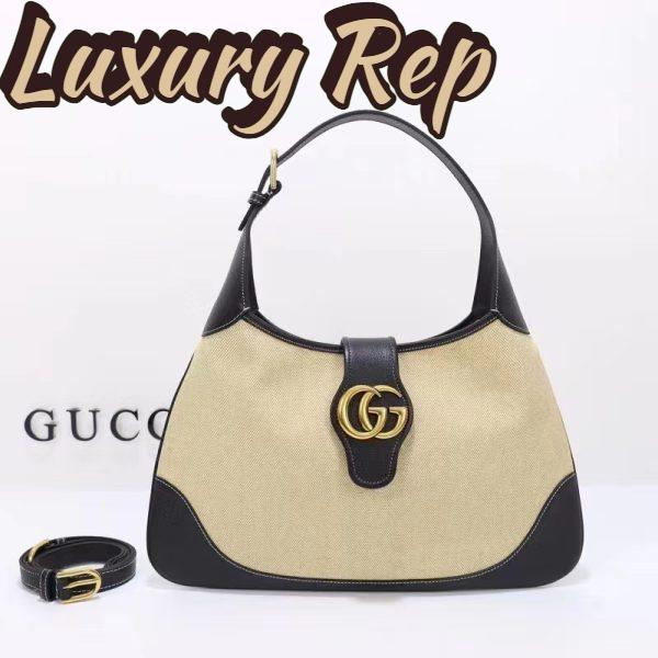 Replica Gucci Women GG Aphrodite Large Shoulder Bag Beige Black Cotton Canvas Black Leather 3