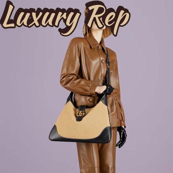 Replica Gucci Women GG Aphrodite Large Shoulder Bag Beige Black Cotton Canvas Black Leather 12