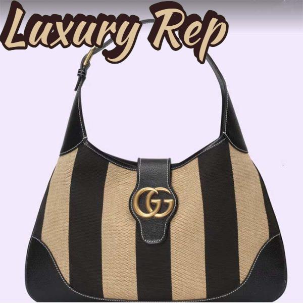 Replica Gucci Women GG Aphrodite Medium Shoulder Bag Beige Black Cotton Canvas Black Leather