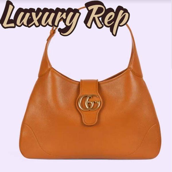 Replica Gucci Women GG Aphrodite Medium Shoulder Bag Brown Soft Leather Double G